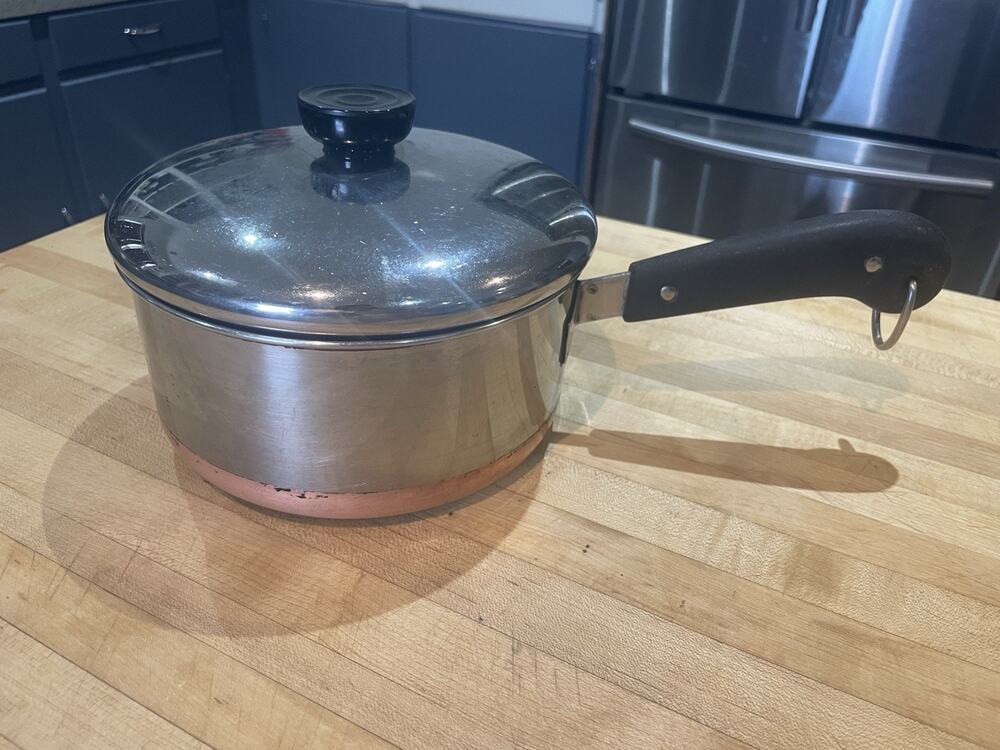 Revere Ware 1801 2 Qt Copper Bottom Sauce Pan Pot Lid Vtg Process Patent Pending